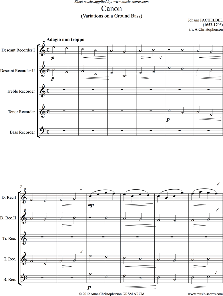 Front page of Canon: C: Easy Recorder Quintet sheet music